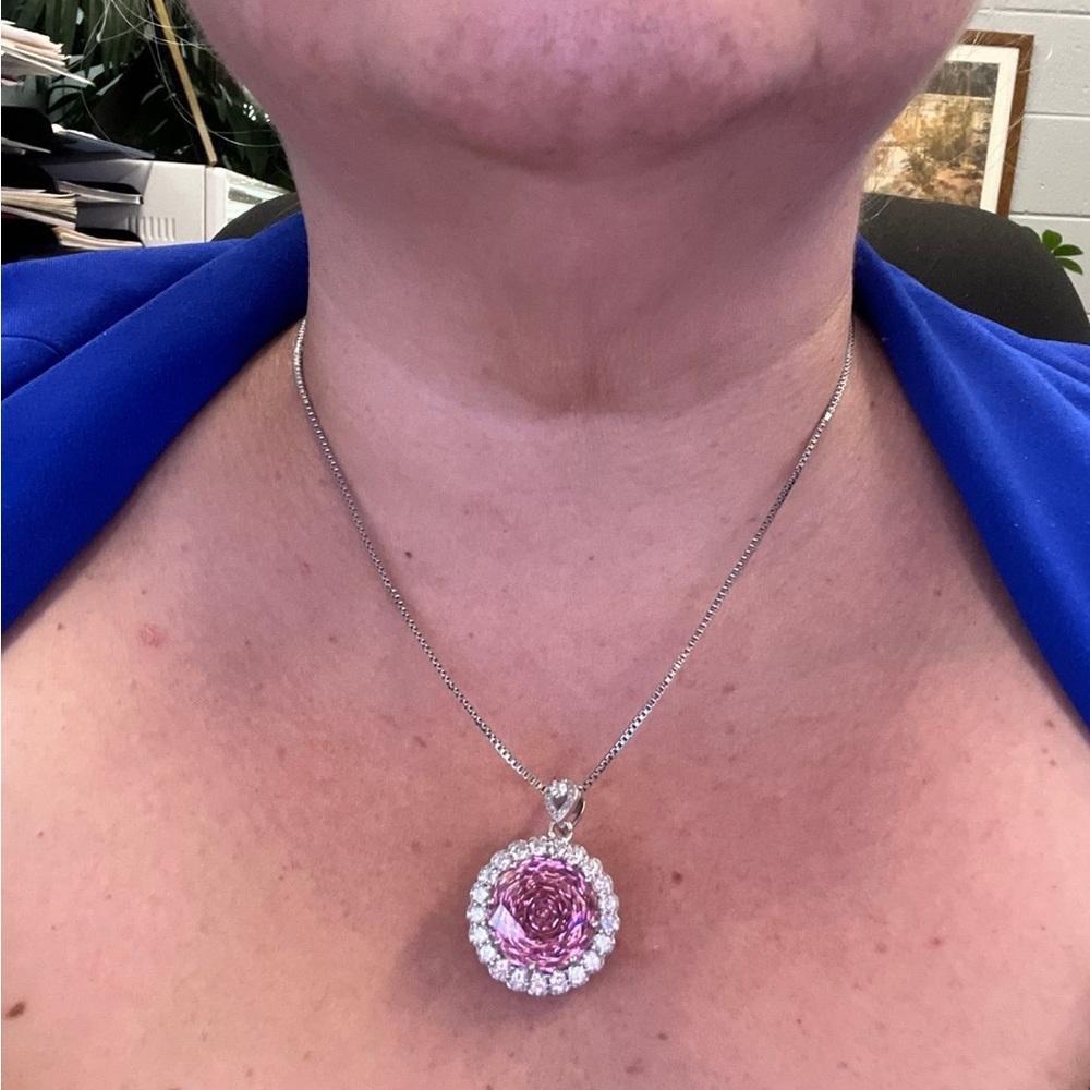 GORGEOUS Giant Pink Rose-Cut CZ & Moissanite Halo-Style Pendant 17 ctw 20” - Picture 7 of 13